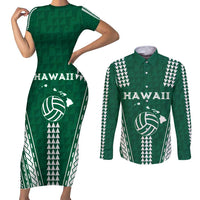 Polynesian Hawaii Volleyball Custom Couples Matching Short Sleeve Bodycon Dress and Long Sleeve Button Shirt Green Kakau with Map Motif LT9 Green - Polynesian Pride