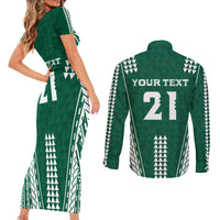 Polynesian Hawaii Volleyball Custom Couples Matching Short Sleeve Bodycon Dress and Long Sleeve Button Shirt Green Kakau with Map Motif LT9 - Polynesian Pride