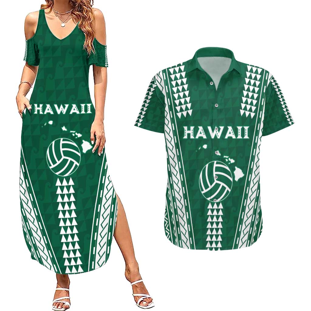Polynesian Hawaii Volleyball Custom Couples Matching Summer Maxi Dress and Hawaiian Shirt Green Kakau with Map Motif LT9 Green - Polynesian Pride