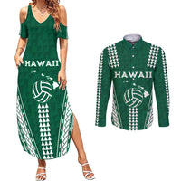 Polynesian Hawaii Volleyball Custom Couples Matching Summer Maxi Dress and Long Sleeve Button Shirt Green Kakau with Map Motif LT9 Green - Polynesian Pride