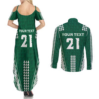 Polynesian Hawaii Volleyball Custom Couples Matching Summer Maxi Dress and Long Sleeve Button Shirt Green Kakau with Map Motif LT9 - Polynesian Pride