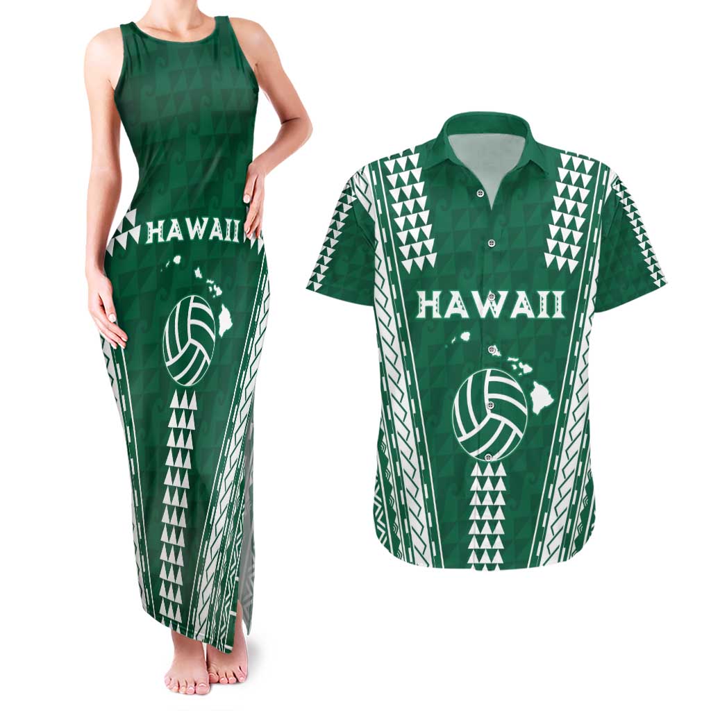 Polynesian Hawaii Volleyball Custom Couples Matching Tank Maxi Dress and Hawaiian Shirt Green Kakau with Map Motif LT9 Green - Polynesian Pride