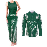 Polynesian Hawaii Volleyball Custom Couples Matching Tank Maxi Dress and Long Sleeve Button Shirt Green Kakau with Map Motif LT9 Green - Polynesian Pride
