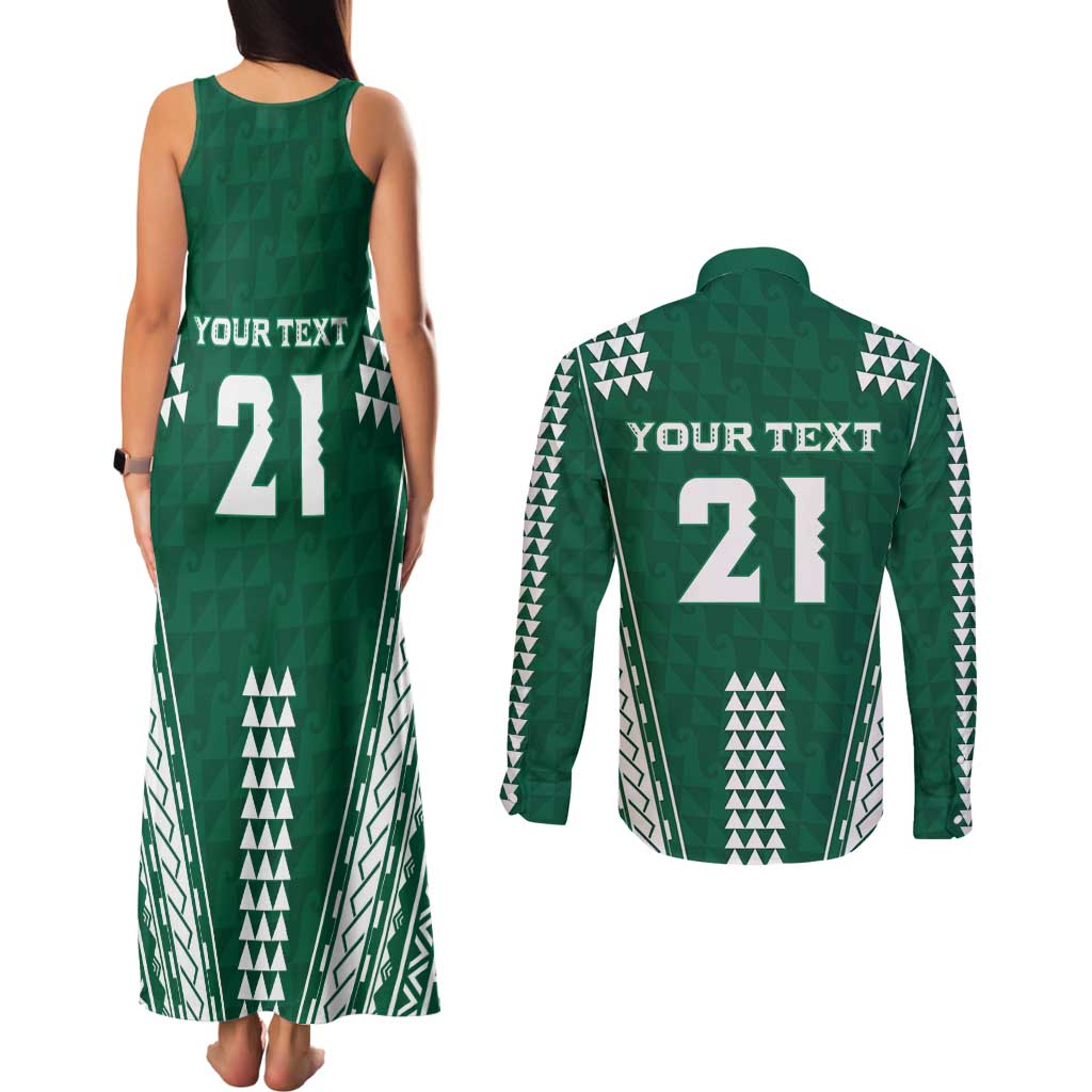 Polynesian Hawaii Volleyball Custom Couples Matching Tank Maxi Dress and Long Sleeve Button Shirt Green Kakau with Map Motif LT9 - Polynesian Pride
