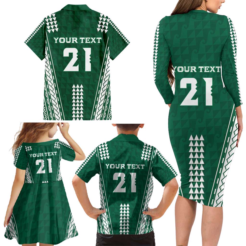 Polynesian Hawaii Volleyball Custom Family Matching Long Sleeve Bodycon Dress and Hawaiian Shirt Green Kakau with Map Motif LT9 - Polynesian Pride