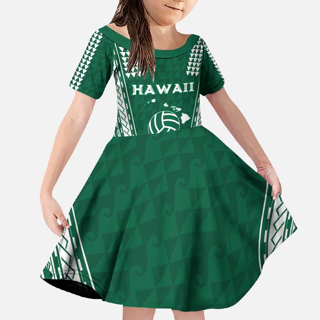 Polynesian Hawaii Volleyball Custom Family Matching Mermaid Dress and Hawaiian Shirt Green Kakau with Map Motif LT9 Daughter's Dress Green - Polynesian Pride