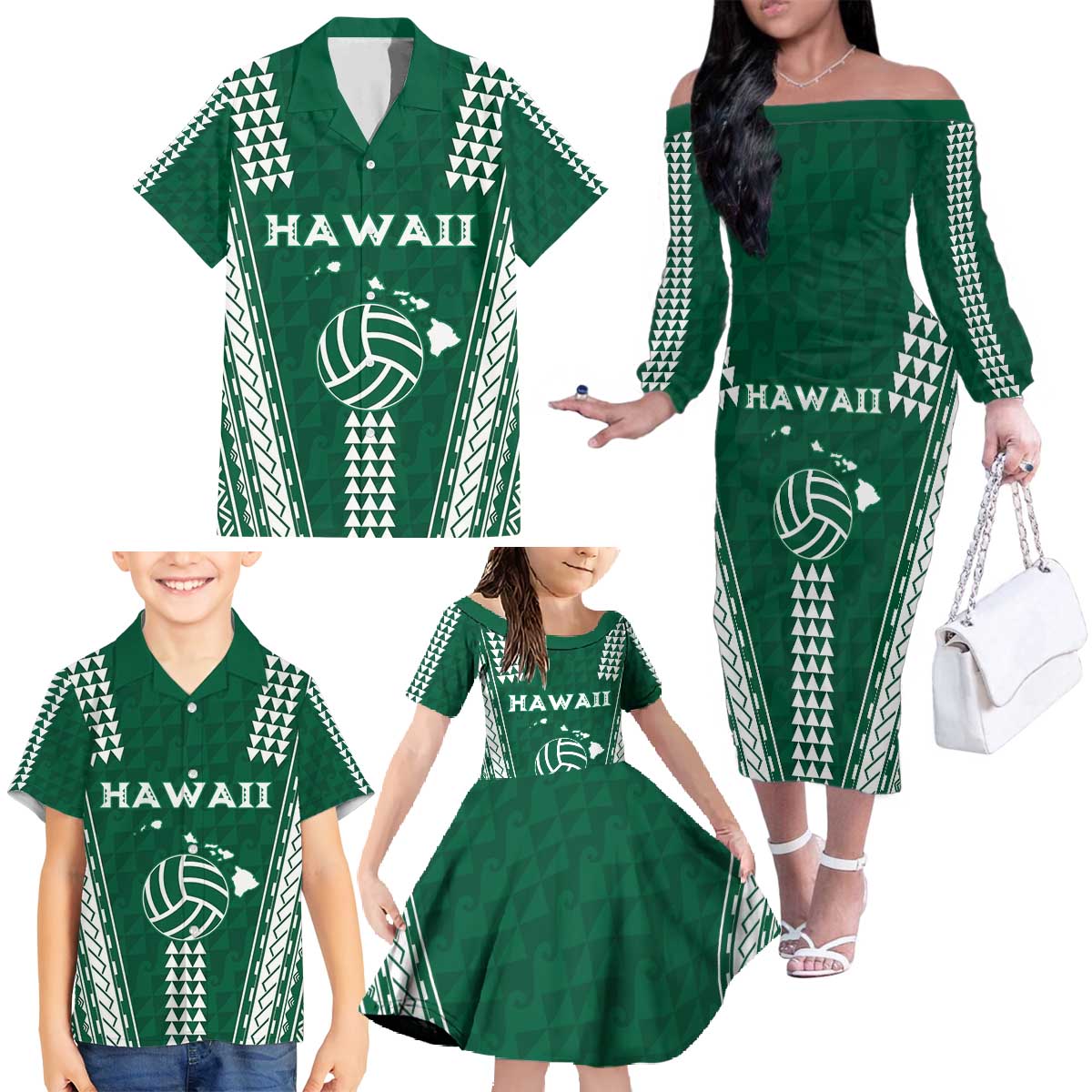 Polynesian Hawaii Volleyball Custom Family Matching Off The Shoulder Long Sleeve Dress and Hawaiian Shirt Green Kakau with Map Motif LT9 - Polynesian Pride