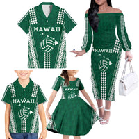 Polynesian Hawaii Volleyball Custom Family Matching Off The Shoulder Long Sleeve Dress and Hawaiian Shirt Green Kakau with Map Motif LT9 - Polynesian Pride