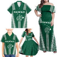 Polynesian Hawaii Volleyball Custom Family Matching Off Shoulder Maxi Dress and Hawaiian Shirt Green Kakau with Map Motif LT9 - Polynesian Pride