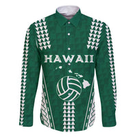 Polynesian Hawaii Volleyball Custom Family Matching Off Shoulder Maxi Dress and Hawaiian Shirt Green Kakau with Map Motif LT9 Dad's Shirt - Long Sleeve Green - Polynesian Pride