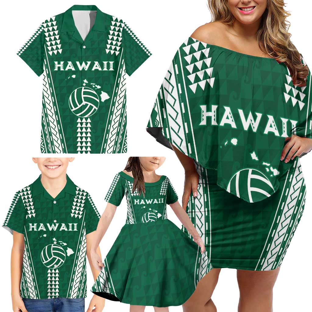 Polynesian Hawaii Volleyball Custom Family Matching Off Shoulder Short Dress and Hawaiian Shirt Green Kakau with Map Motif LT9 - Polynesian Pride