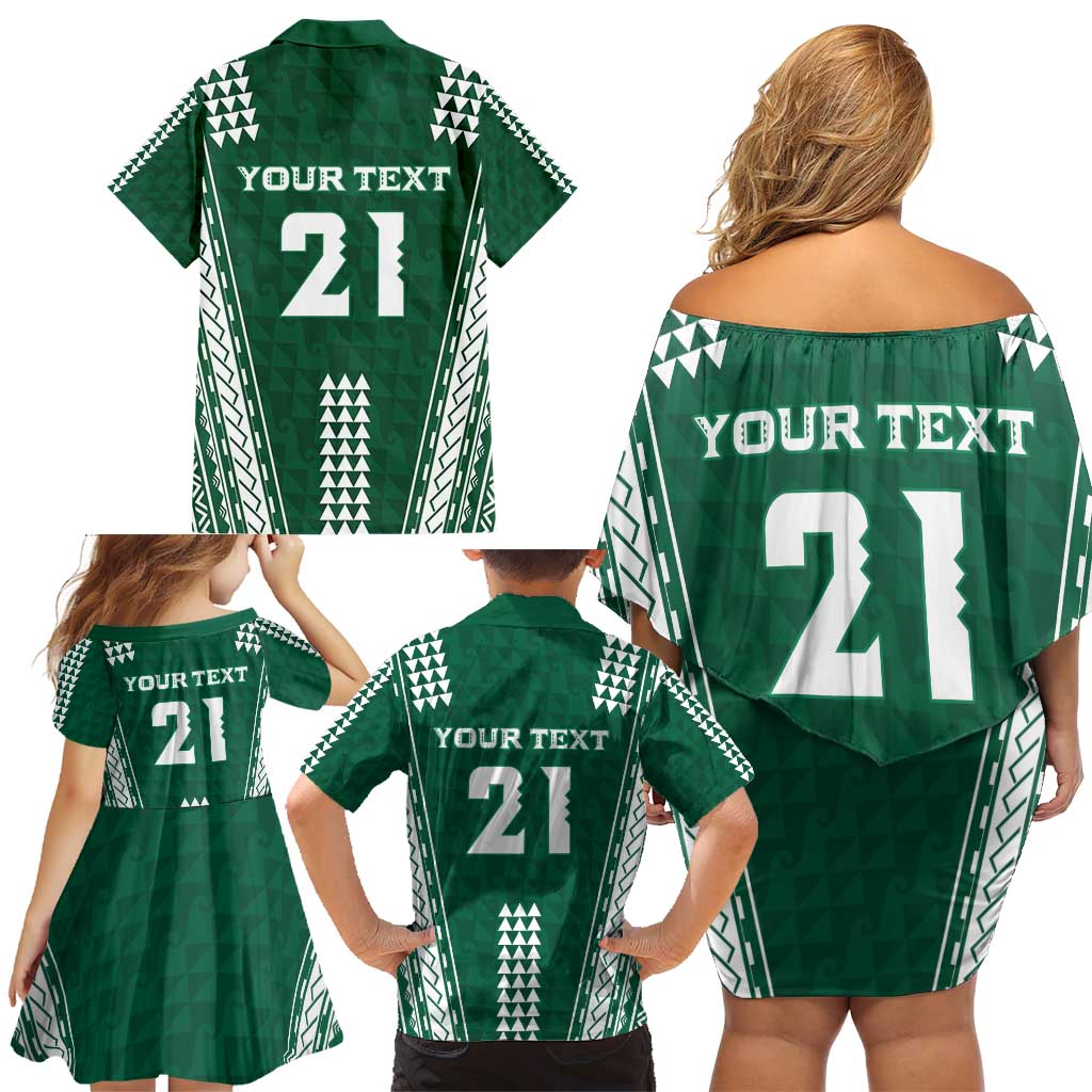 Polynesian Hawaii Volleyball Custom Family Matching Off Shoulder Short Dress and Hawaiian Shirt Green Kakau with Map Motif LT9 - Polynesian Pride