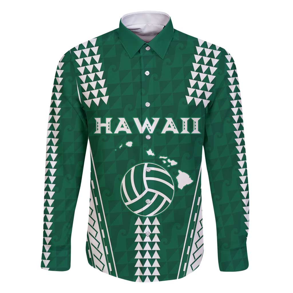 Polynesian Hawaii Volleyball Custom Family Matching Off Shoulder Short Dress and Hawaiian Shirt Green Kakau with Map Motif LT9 Dad's Shirt - Long Sleeve Green - Polynesian Pride