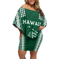 Polynesian Hawaii Volleyball Custom Family Matching Off Shoulder Short Dress and Hawaiian Shirt Green Kakau with Map Motif LT9 Mom's Dress Green - Polynesian Pride