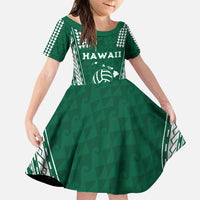 Polynesian Hawaii Volleyball Custom Family Matching Puletasi and Hawaiian Shirt Green Kakau with Map Motif LT9 Daughter's Dress Green - Polynesian Pride