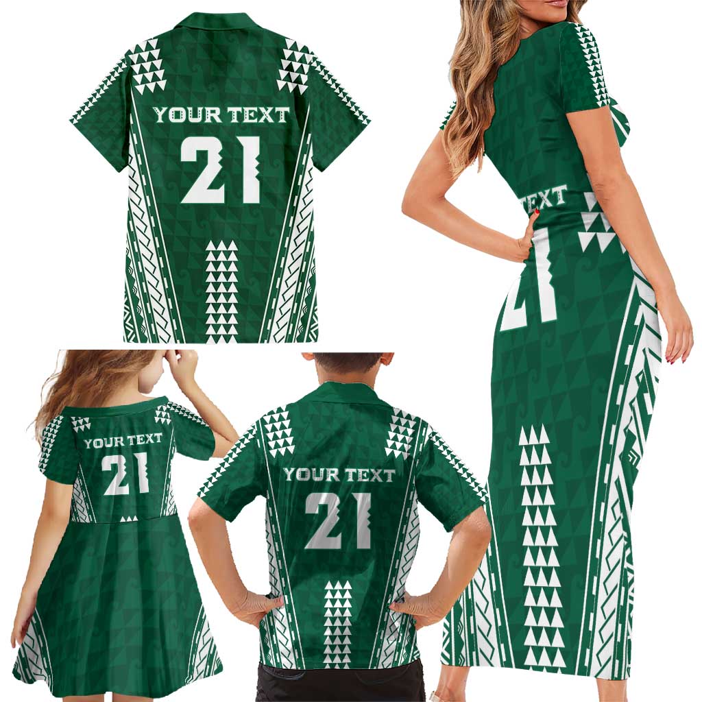 Polynesian Hawaii Volleyball Custom Family Matching Short Sleeve Bodycon Dress and Hawaiian Shirt Green Kakau with Map Motif LT9 - Polynesian Pride