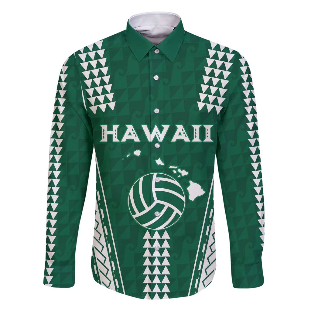 Polynesian Hawaii Volleyball Custom Family Matching Short Sleeve Bodycon Dress and Hawaiian Shirt Green Kakau with Map Motif LT9 Dad's Shirt - Long Sleeve Green - Polynesian Pride