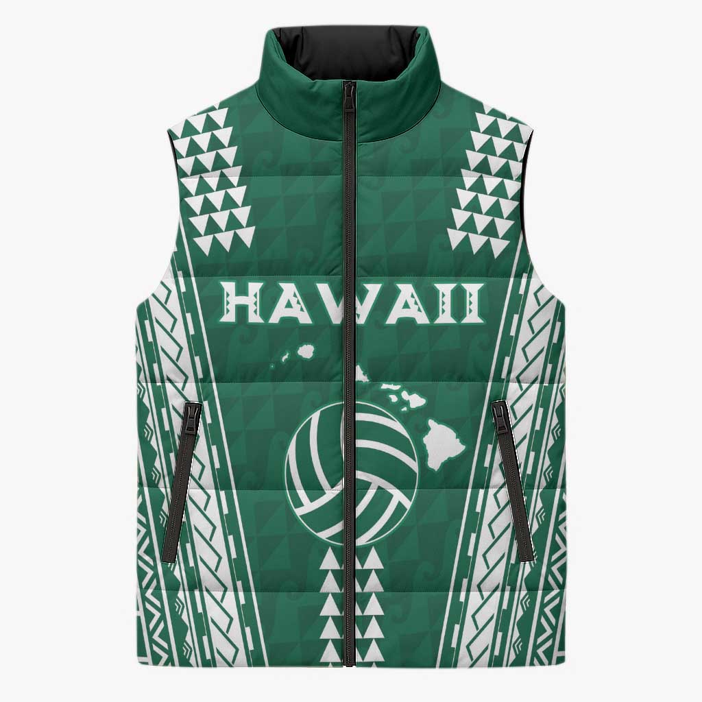 Polynesian Hawaii Volleyball Custom Sleeveless Puffer Jacket Green Kakau with Map Motif - Polynesian Pride