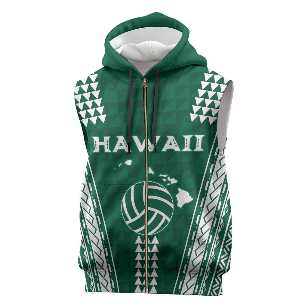 Polynesian Hawaii Volleyball Custom Sleeveless Zip Hoodie Green Kakau with Map Motif - Polynesian Pride