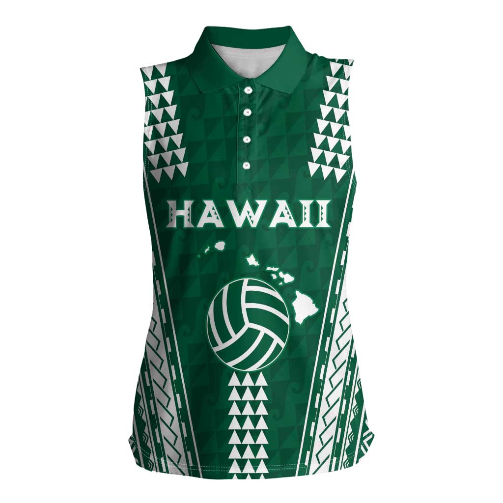 Polynesian Hawaii Volleyball Custom Women Sleeveless Polo Shirt Green Kakau with Map Motif LT9 Female Green - Polynesian Pride