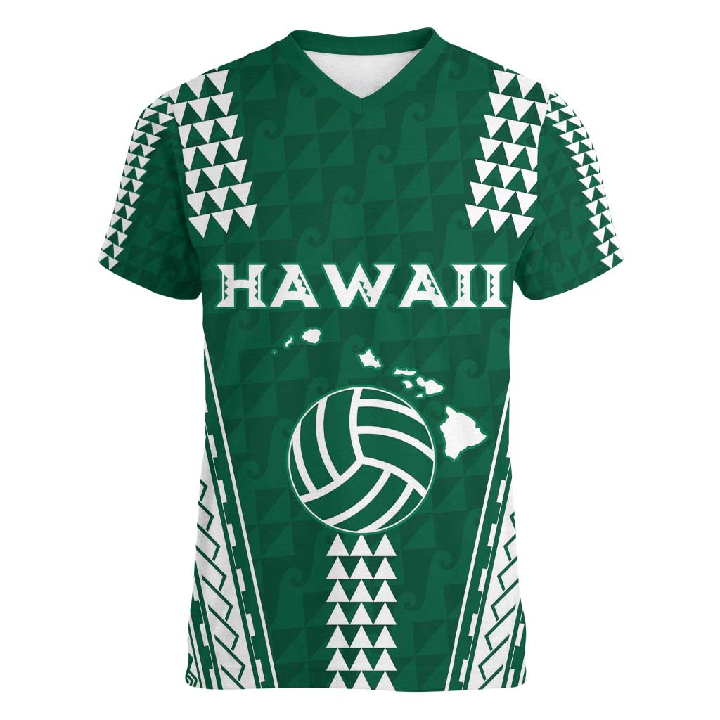 Polynesian Hawaii Volleyball Custom Women V-Neck T-Shirt Green Kakau with Map Motif LT9 Female Green - Polynesian Pride
