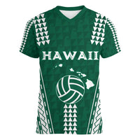Polynesian Hawaii Volleyball Custom Women V-Neck T-Shirt Green Kakau with Map Motif LT9 Female Green - Polynesian Pride