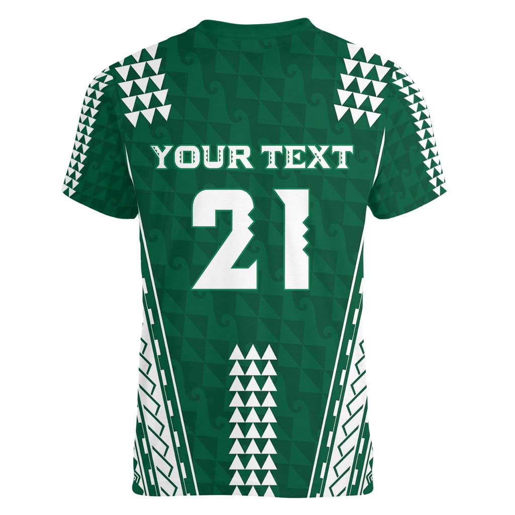 Polynesian Hawaii Volleyball Custom Women V-Neck T-Shirt Green Kakau with Map Motif LT9 - Polynesian Pride