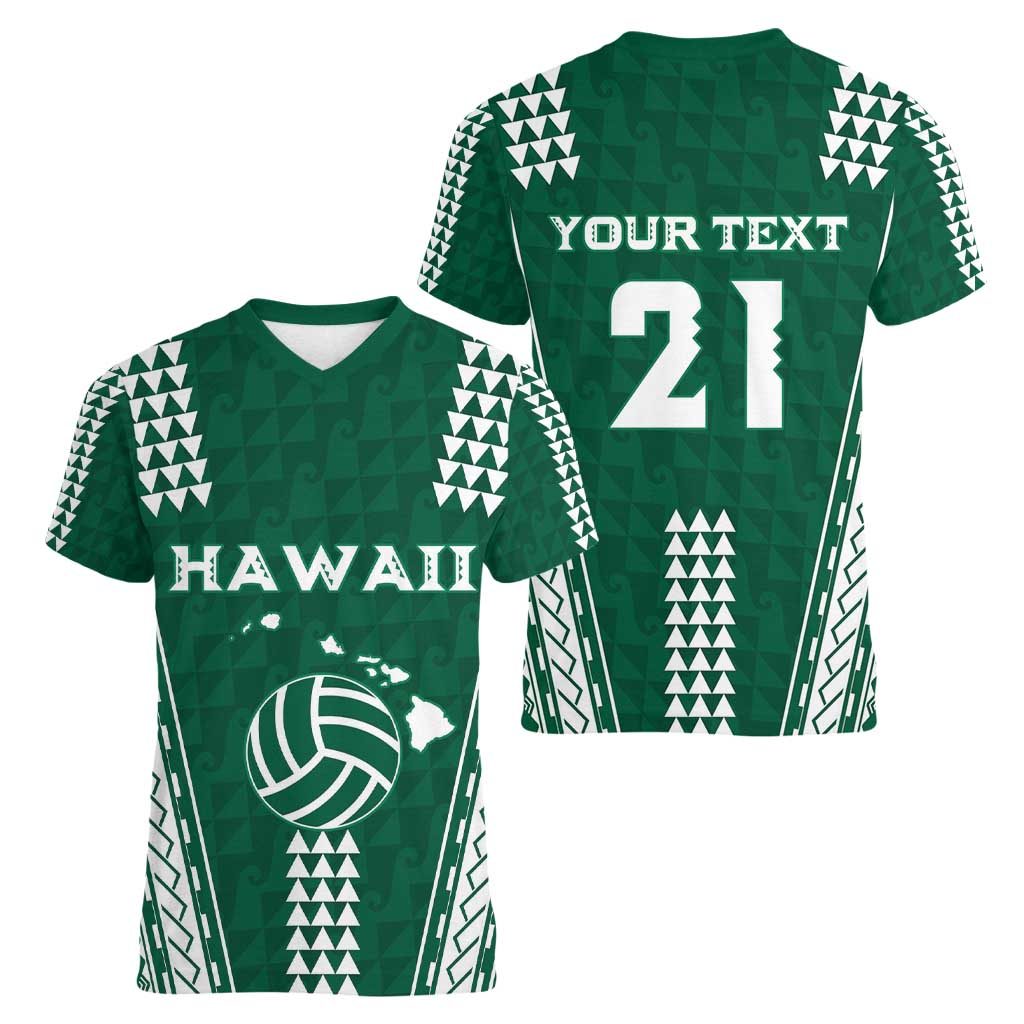 Polynesian Hawaii Volleyball Custom Women V-Neck T-Shirt Green Kakau with Map Motif LT9 - Polynesian Pride