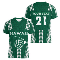 Polynesian Hawaii Volleyball Custom Women V-Neck T-Shirt Green Kakau with Map Motif LT9 - Polynesian Pride