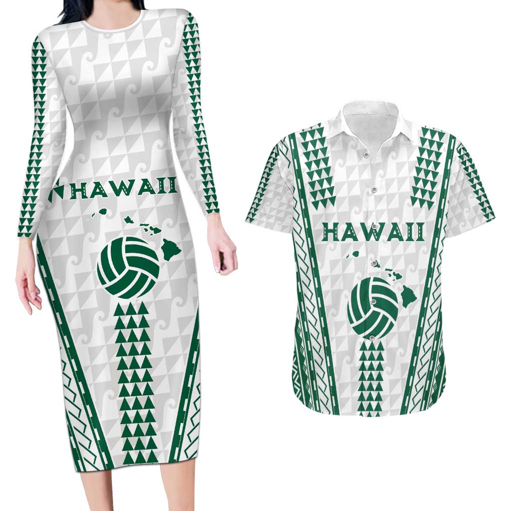 Polynesian Hawaii Volleyball Custom Couples Matching Long Sleeve Bodycon Dress and Hawaiian Shirt White Kakau with Map Motif LT9 White - Polynesian Pride
