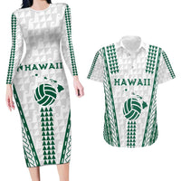 Polynesian Hawaii Volleyball Custom Couples Matching Long Sleeve Bodycon Dress and Hawaiian Shirt White Kakau with Map Motif LT9 White - Polynesian Pride