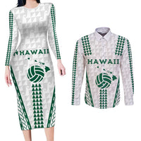 Polynesian Hawaii Volleyball Custom Couples Matching Long Sleeve Bodycon Dress and Long Sleeve Button Shirt White Kakau with Map Motif LT9 White - Polynesian Pride