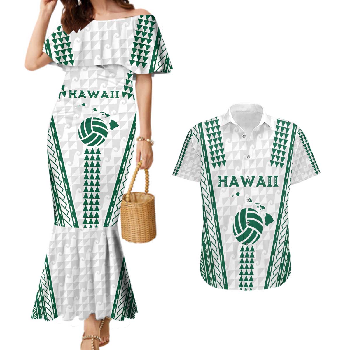 Polynesian Hawaii Volleyball Custom Couples Matching Mermaid Dress and Hawaiian Shirt White Kakau with Map Motif LT9 White - Polynesian Pride