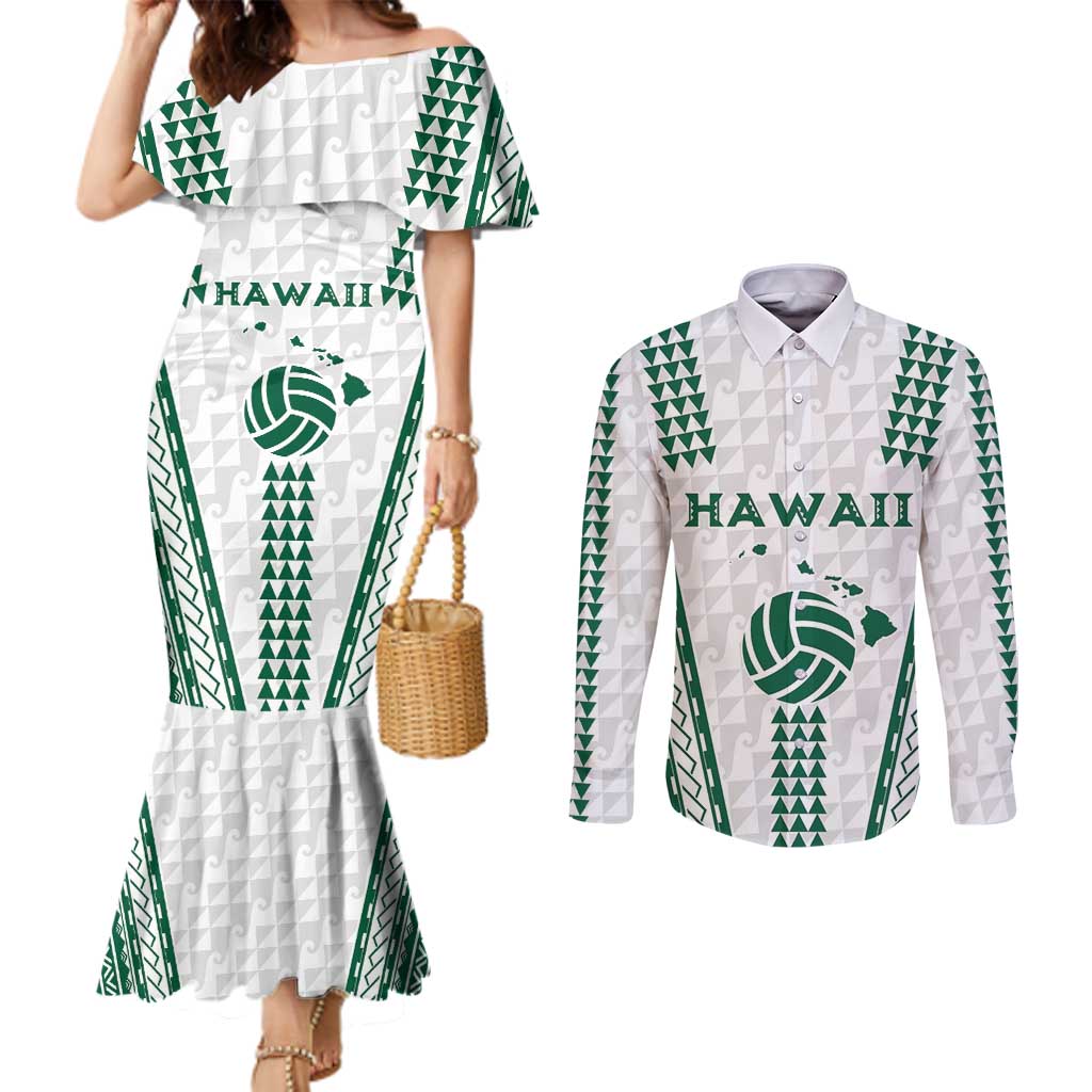 Polynesian Hawaii Volleyball Custom Couples Matching Mermaid Dress and Long Sleeve Button Shirt White Kakau with Map Motif LT9 White - Polynesian Pride