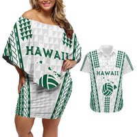 Polynesian Hawaii Volleyball Custom Couples Matching Off Shoulder Short Dress and Hawaiian Shirt White Kakau with Map Motif LT9 White - Polynesian Pride