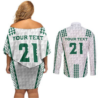 Polynesian Hawaii Volleyball Custom Couples Matching Off Shoulder Short Dress and Long Sleeve Button Shirt White Kakau with Map Motif LT9 - Polynesian Pride