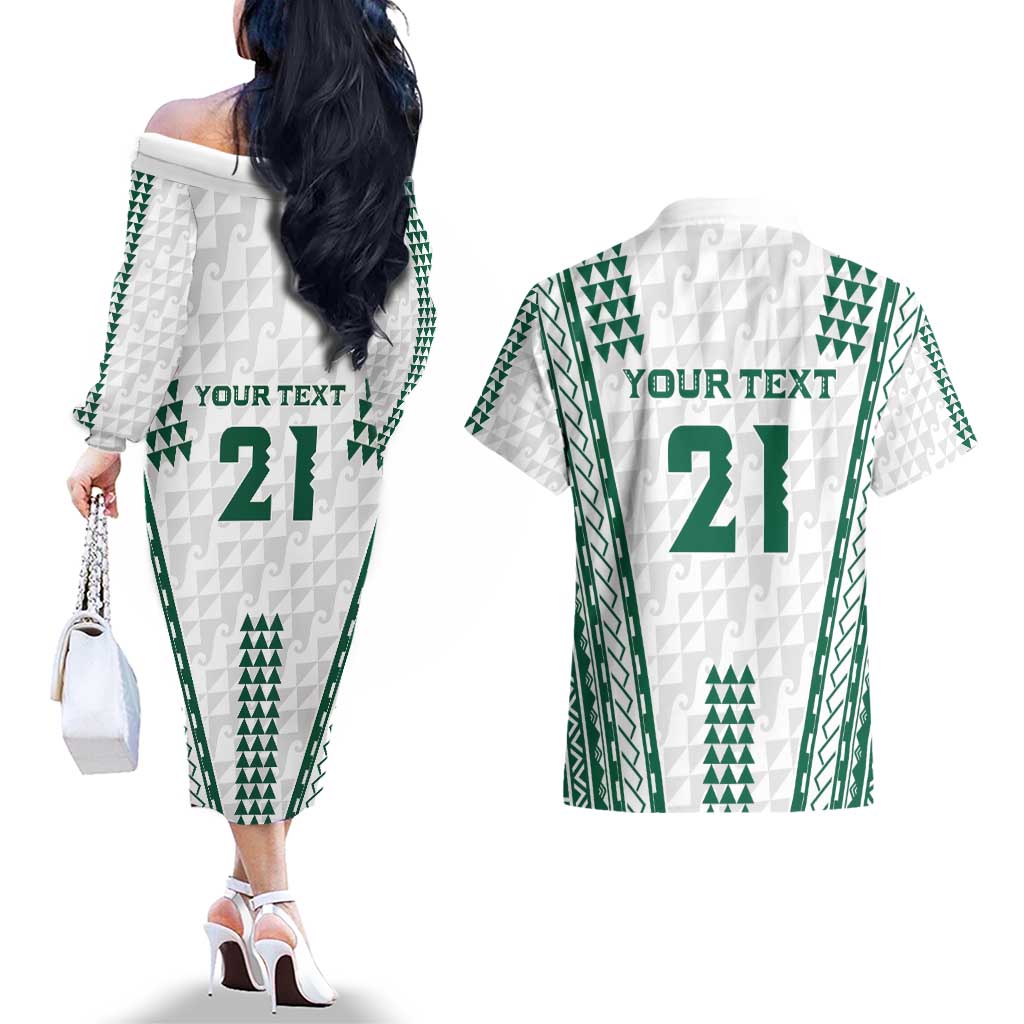 Polynesian Hawaii Volleyball Custom Couples Matching Off The Shoulder Long Sleeve Dress and Hawaiian Shirt White Kakau with Map Motif LT9 - Polynesian Pride