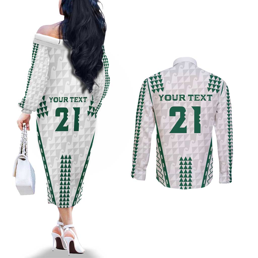 Polynesian Hawaii Volleyball Custom Couples Matching Off The Shoulder Long Sleeve Dress and Long Sleeve Button Shirt White Kakau with Map Motif LT9 - Polynesian Pride