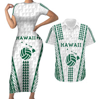 Polynesian Hawaii Volleyball Custom Couples Matching Short Sleeve Bodycon Dress and Hawaiian Shirt White Kakau with Map Motif LT9 White - Polynesian Pride