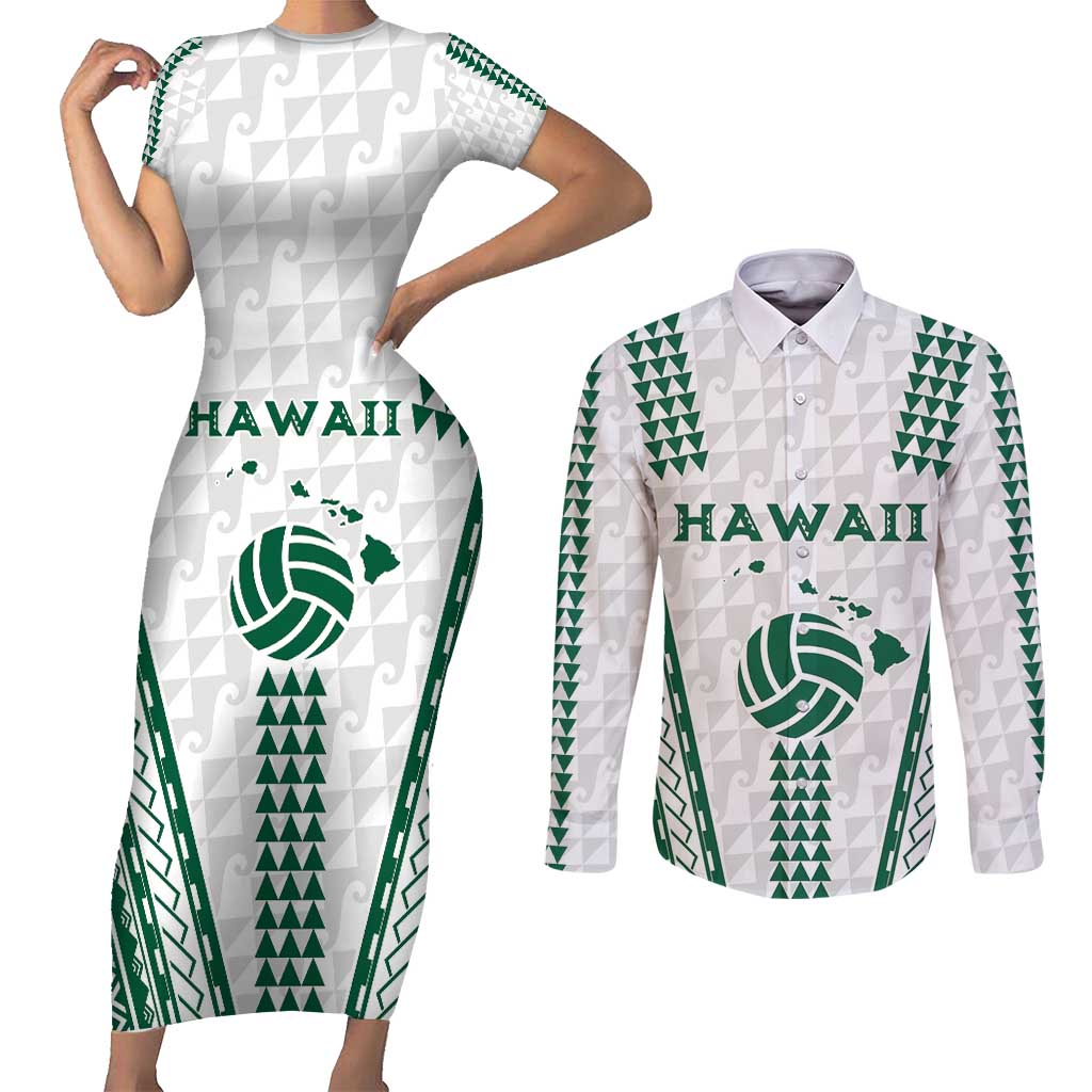 Polynesian Hawaii Volleyball Custom Couples Matching Short Sleeve Bodycon Dress and Long Sleeve Button Shirt White Kakau with Map Motif LT9 White - Polynesian Pride