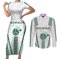 Polynesian Hawaii Volleyball Custom Couples Matching Short Sleeve Bodycon Dress and Long Sleeve Button Shirt White Kakau with Map Motif LT9 White - Polynesian Pride