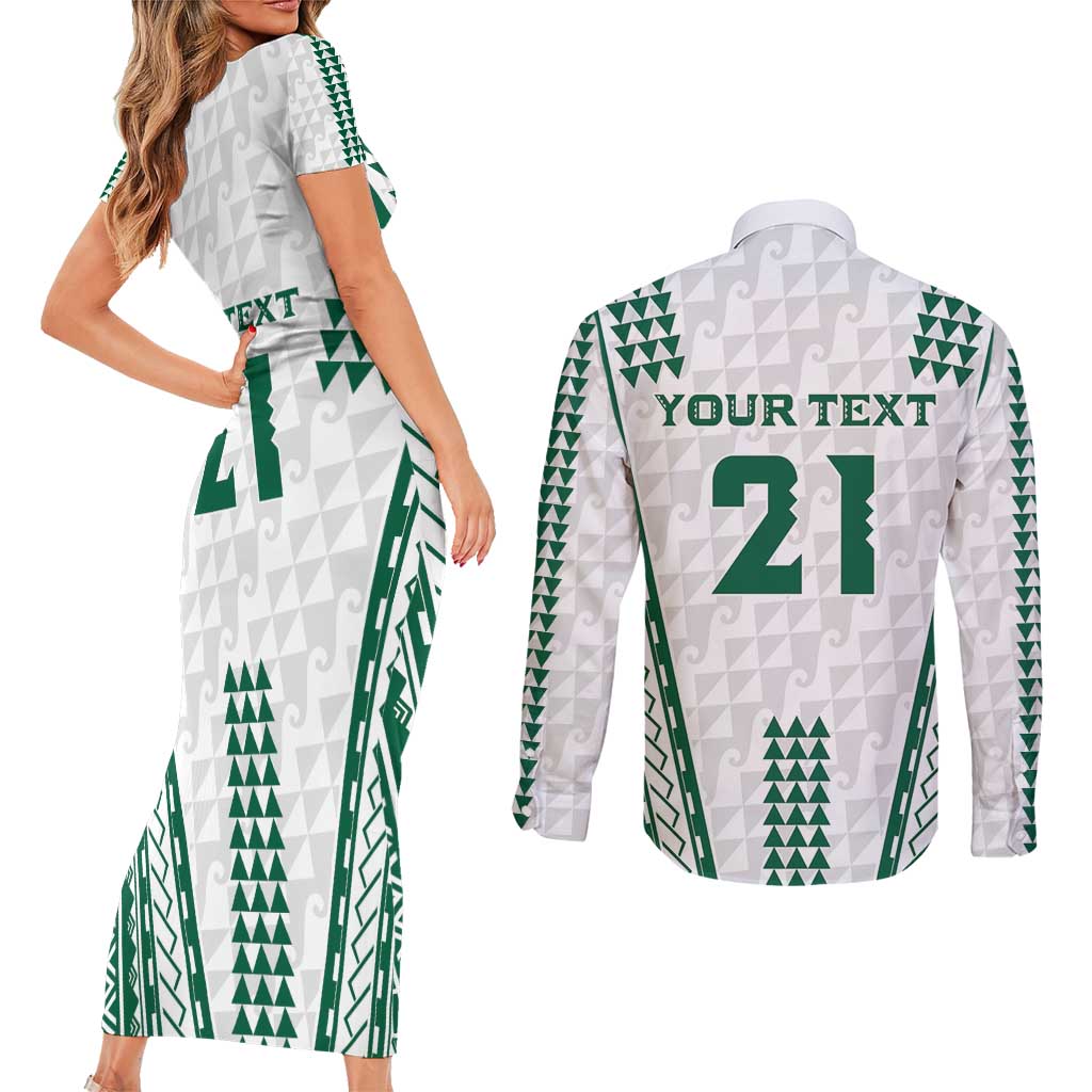 Polynesian Hawaii Volleyball Custom Couples Matching Short Sleeve Bodycon Dress and Long Sleeve Button Shirt White Kakau with Map Motif LT9 - Polynesian Pride