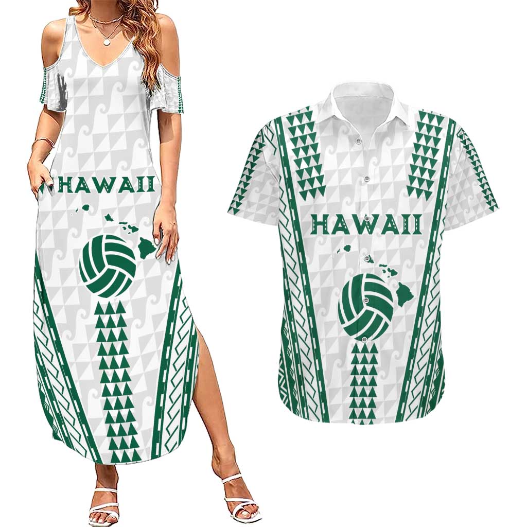 Polynesian Hawaii Volleyball Custom Couples Matching Summer Maxi Dress and Hawaiian Shirt White Kakau with Map Motif LT9 White - Polynesian Pride
