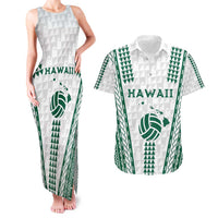 Polynesian Hawaii Volleyball Custom Couples Matching Tank Maxi Dress and Hawaiian Shirt White Kakau with Map Motif LT9 White - Polynesian Pride