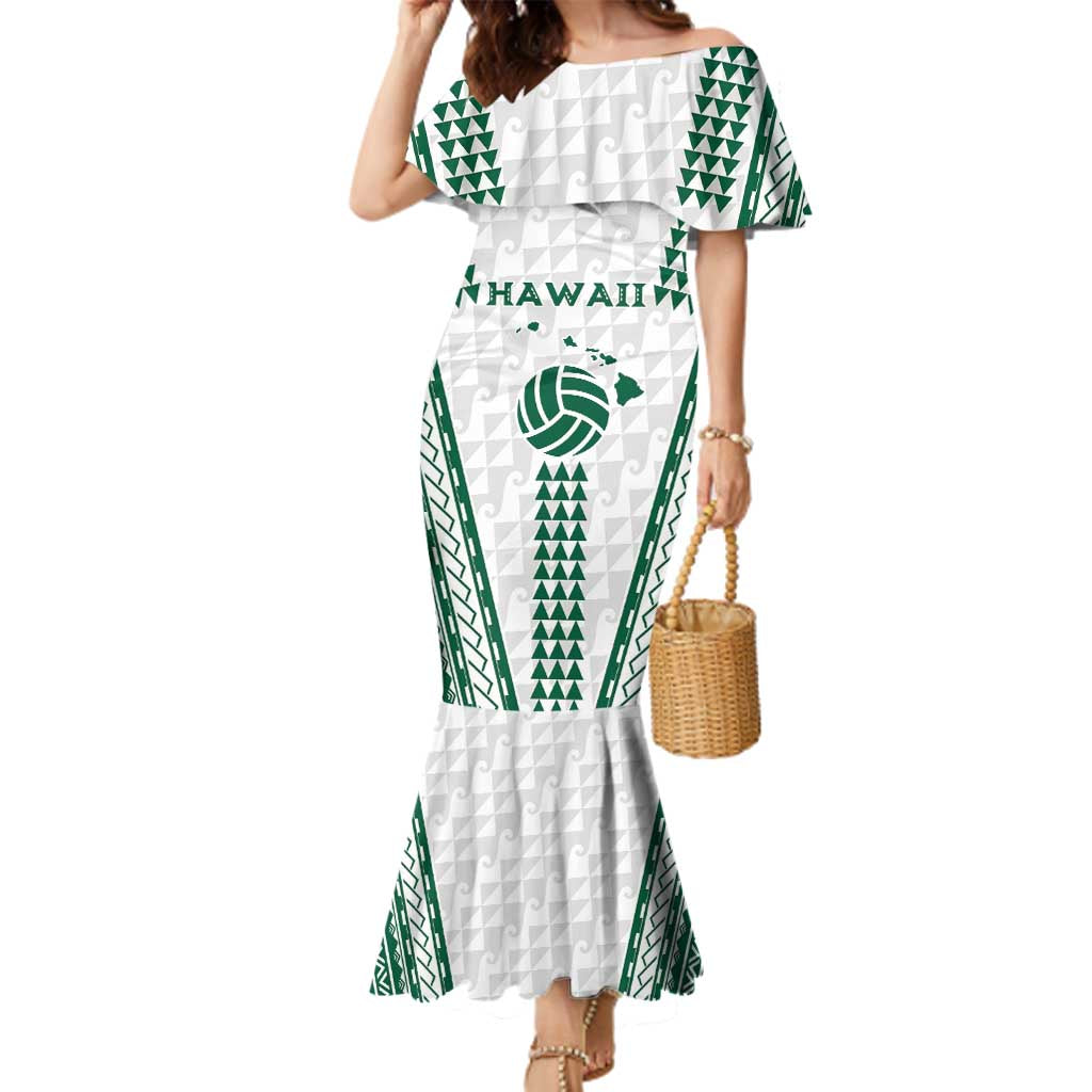 Polynesian Hawaii Volleyball Custom Family Matching Mermaid Dress and Hawaiian Shirt White Kakau with Map Motif LT9 Mom's Dress White - Polynesian Pride