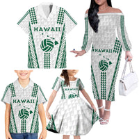 Polynesian Hawaii Volleyball Custom Family Matching Off The Shoulder Long Sleeve Dress and Hawaiian Shirt White Kakau with Map Motif LT9 - Polynesian Pride