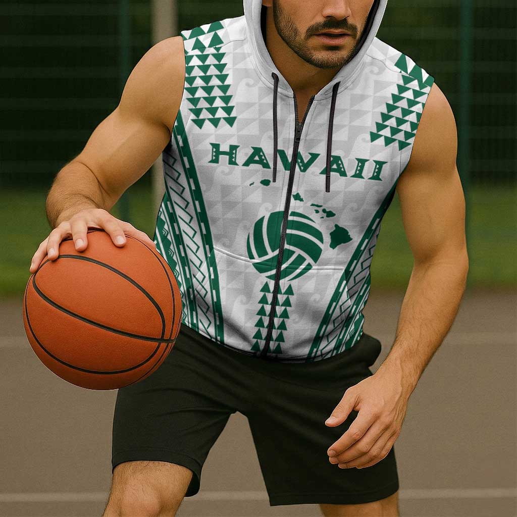 Polynesian Hawaii Volleyball Custom Sleeveless Zip Hoodie White Kakau with Map Motif - Polynesian Pride