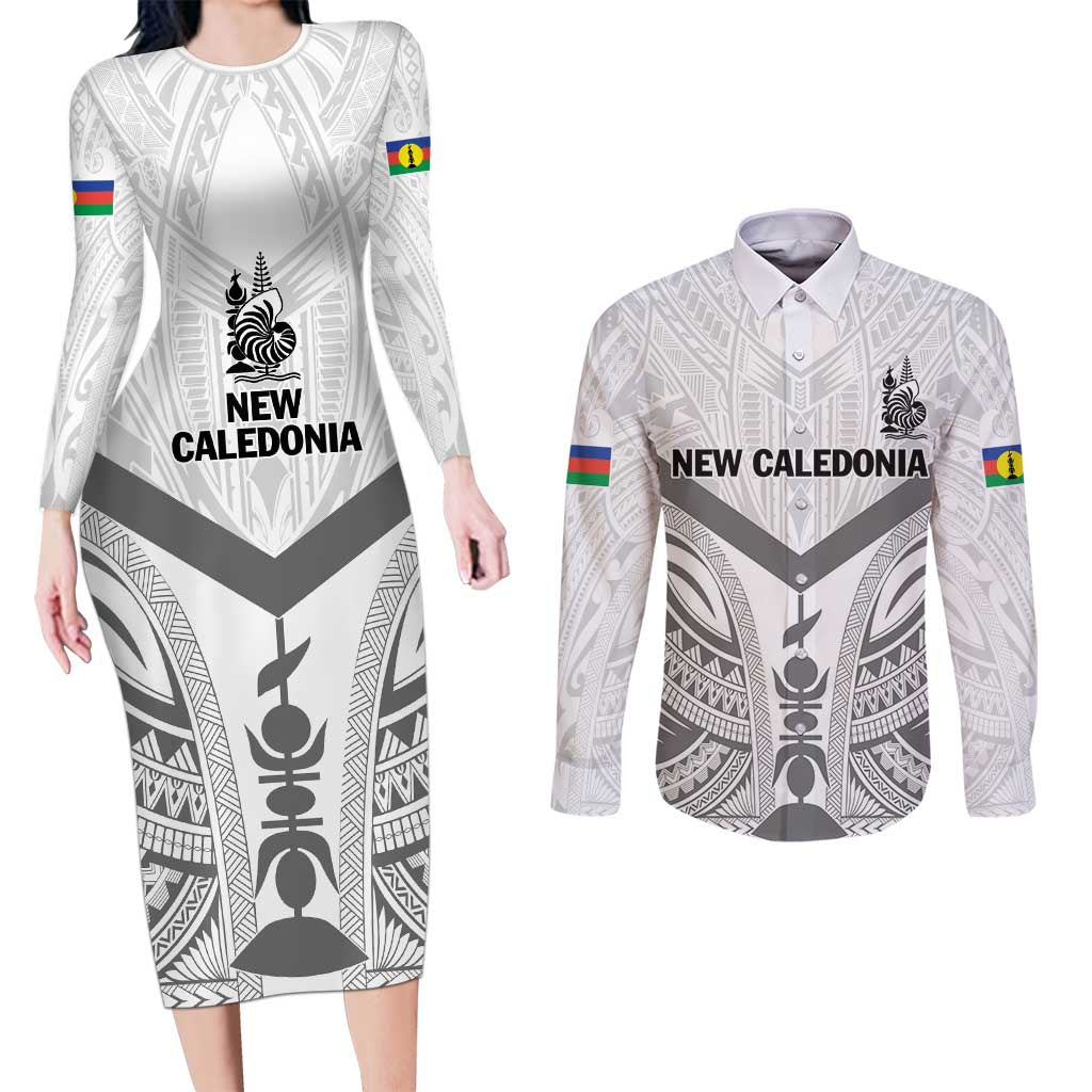 New Caledonia Football Custom Couples Matching Long Sleeve Bodycon Dress and Long Sleeve Button Shirt Go Champions Les Cagous LT9 White - Polynesian Pride