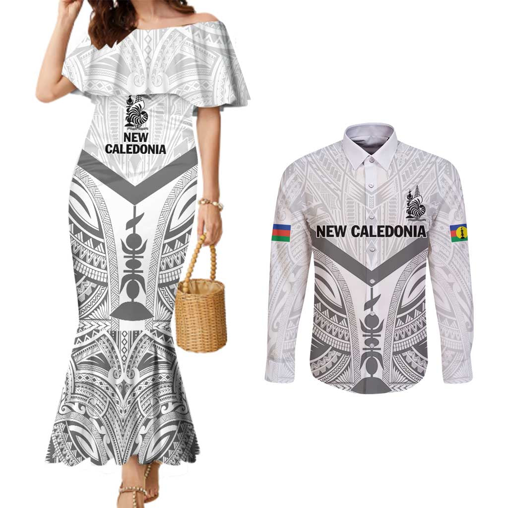 New Caledonia Football Custom Couples Matching Mermaid Dress and Long Sleeve Button Shirt Go Champions Les Cagous LT9 White - Polynesian Pride