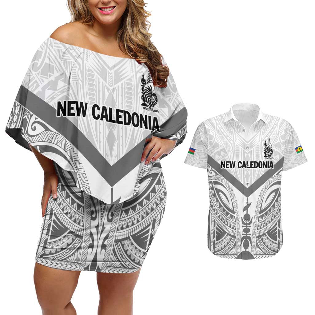 New Caledonia Football Custom Couples Matching Off Shoulder Short Dress and Hawaiian Shirt Go Champions Les Cagous LT9 White - Polynesian Pride
